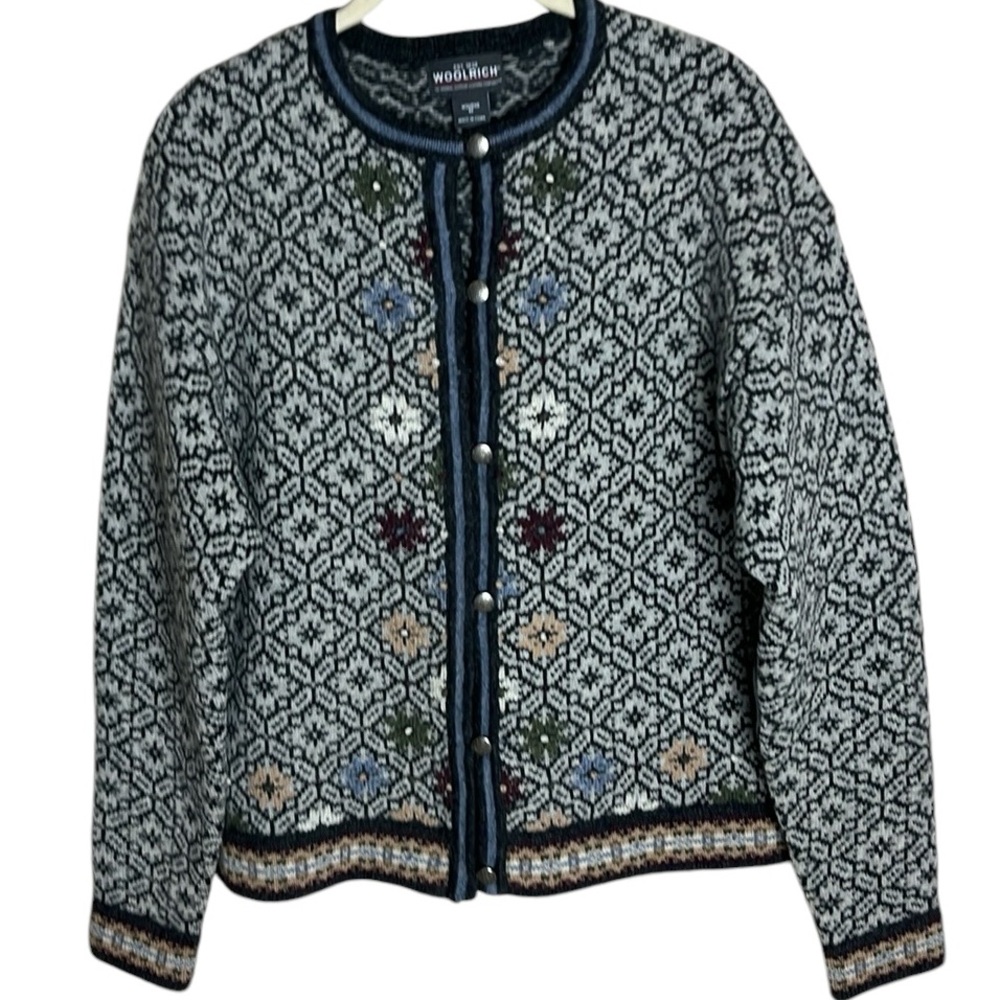 Woolrich Floral Detail Wool Cardigan Sweater Sz M